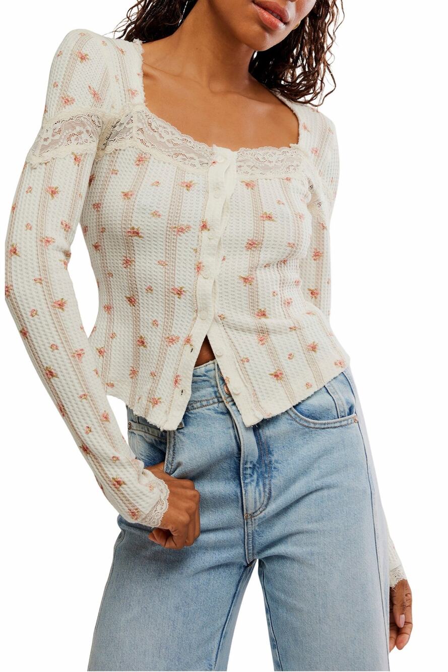 NWT Free People Let’s Party Top XL Tea Combo Floral Lace Waffle Knit Coquette